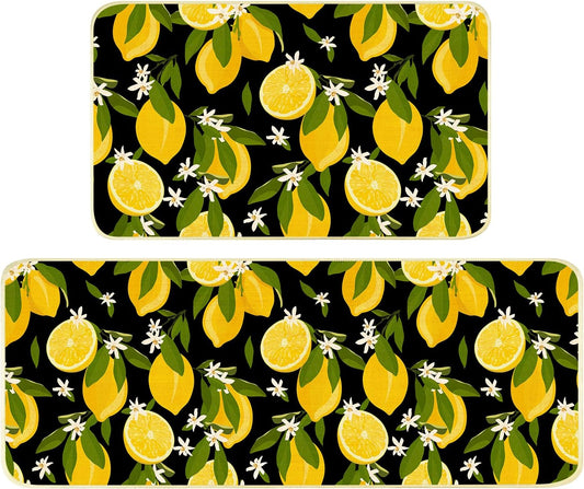 Lemon Kitchen Mats for Floor Non Slip Washable Kitchen Rugs | Durable Absorbent Linen Non-Slip Rubber Backing, Traps Pet Hair & Kitchen Grease, Easy Vacuum Cleaning. 17"X47"+17"X30" 2Psc