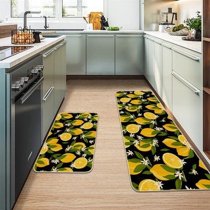 Lemon Kitchen Mats for Floor Non Slip Washable Kitchen Rugs | Durable Absorbent Linen Non-Slip Rubber Backing, Traps Pet Hair & Kitchen Grease, Easy Vacuum Cleaning. 17"X47"+17"X30" 2Psc