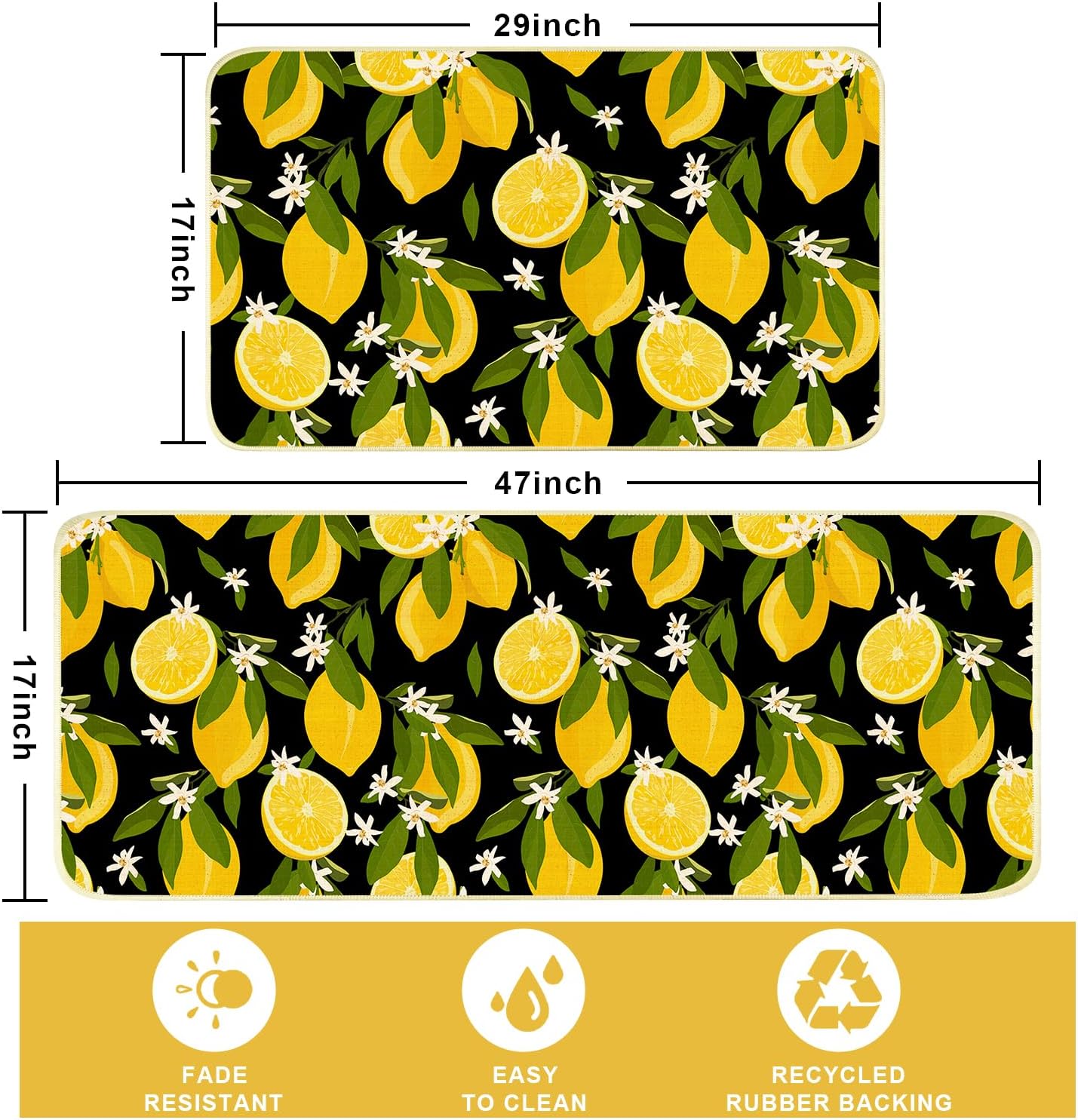 Lemon Kitchen Mats for Floor Non Slip Washable Kitchen Rugs | Durable Absorbent Linen Non-Slip Rubber Backing, Traps Pet Hair & Kitchen Grease, Easy Vacuum Cleaning. 17"X47"+17"X30" 2Psc