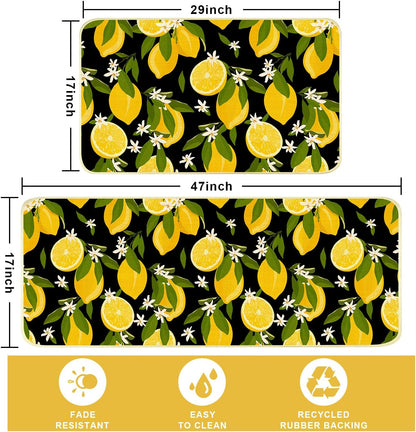 Lemon Kitchen Mats for Floor Non Slip Washable Kitchen Rugs | Durable Absorbent Linen Non-Slip Rubber Backing, Traps Pet Hair & Kitchen Grease, Easy Vacuum Cleaning. 17"X47"+17"X30" 2Psc