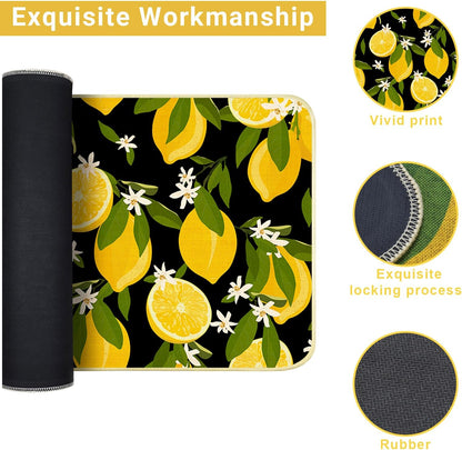 Lemon Kitchen Mats for Floor Non Slip Washable Kitchen Rugs | Durable Absorbent Linen Non-Slip Rubber Backing, Traps Pet Hair & Kitchen Grease, Easy Vacuum Cleaning. 17"X47"+17"X30" 2Psc