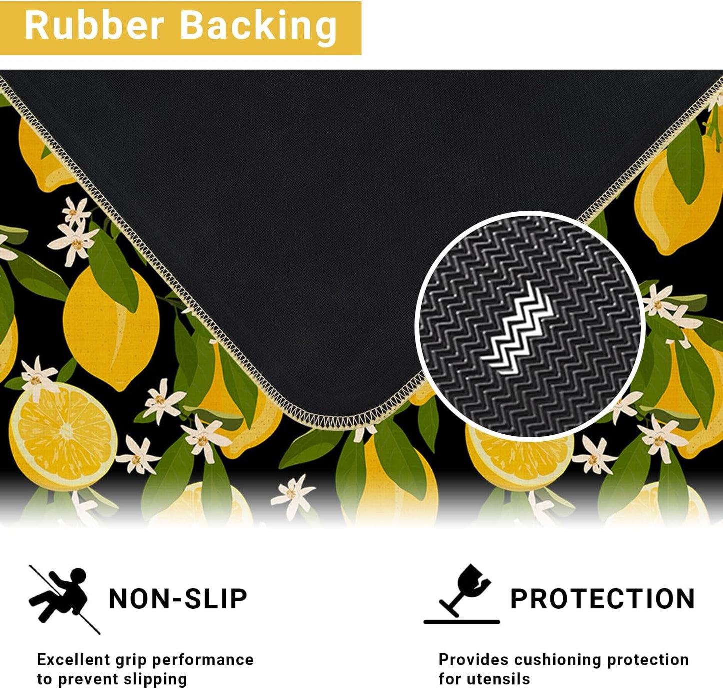 Lemon Kitchen Mats for Floor Non Slip Washable Kitchen Rugs | Durable Absorbent Linen Non-Slip Rubber Backing, Traps Pet Hair & Kitchen Grease, Easy Vacuum Cleaning. 17"X47"+17"X30" 2Psc