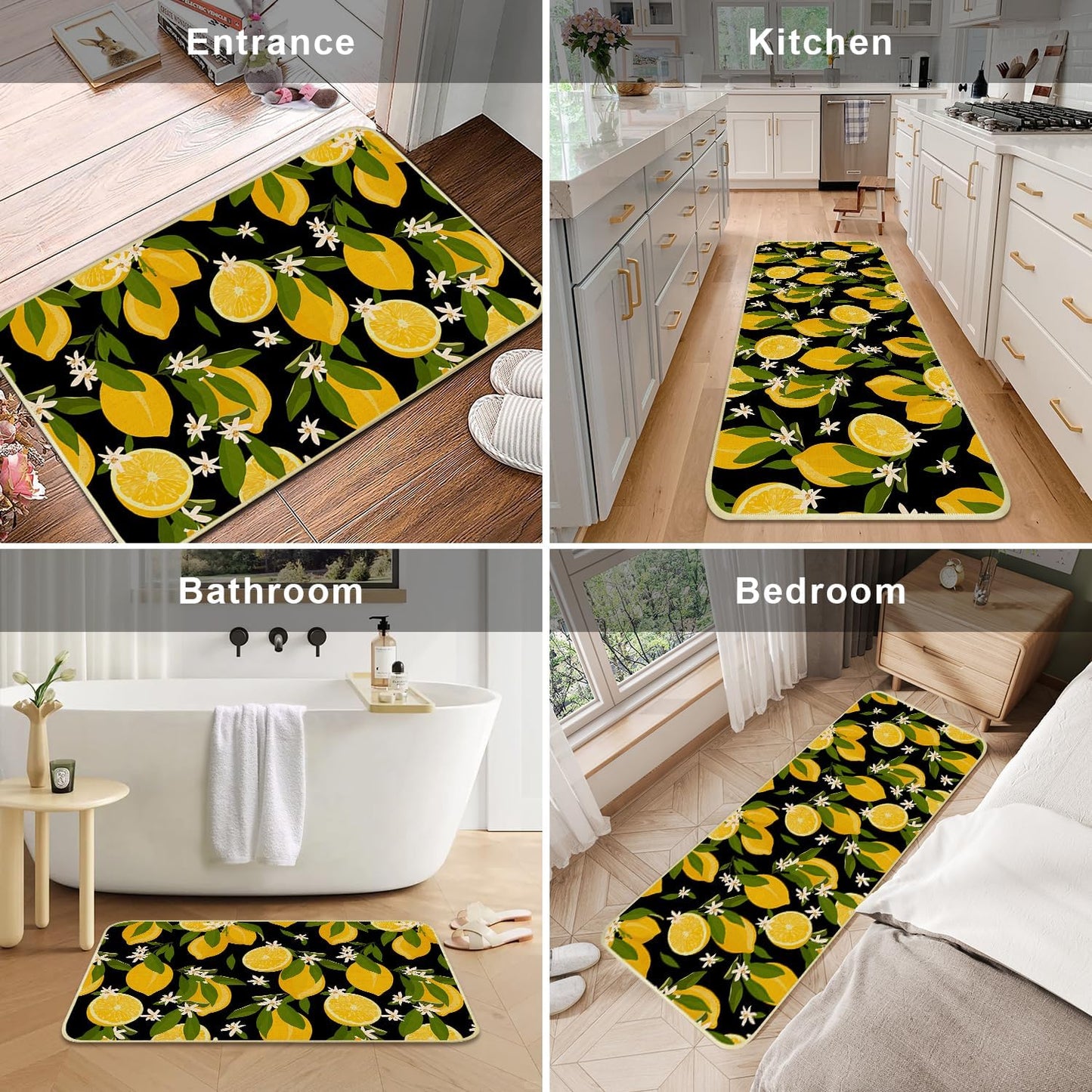 Lemon Kitchen Mats for Floor Non Slip Washable Kitchen Rugs | Durable Absorbent Linen Non-Slip Rubber Backing, Traps Pet Hair & Kitchen Grease, Easy Vacuum Cleaning. 17"X47"+17"X30" 2Psc