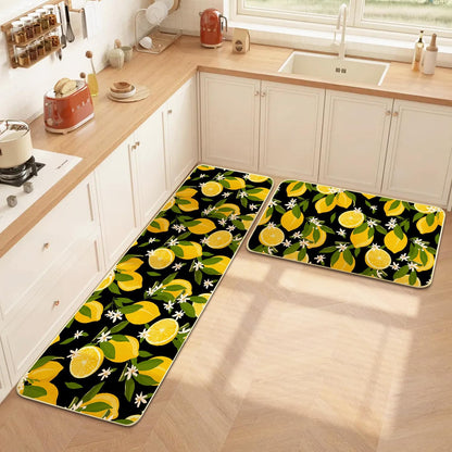 Lemon Kitchen Mats for Floor Non Slip Washable Kitchen Rugs | Durable Absorbent Linen Non-Slip Rubber Backing, Traps Pet Hair & Kitchen Grease, Easy Vacuum Cleaning. 17"X47"+17"X30" 2Psc