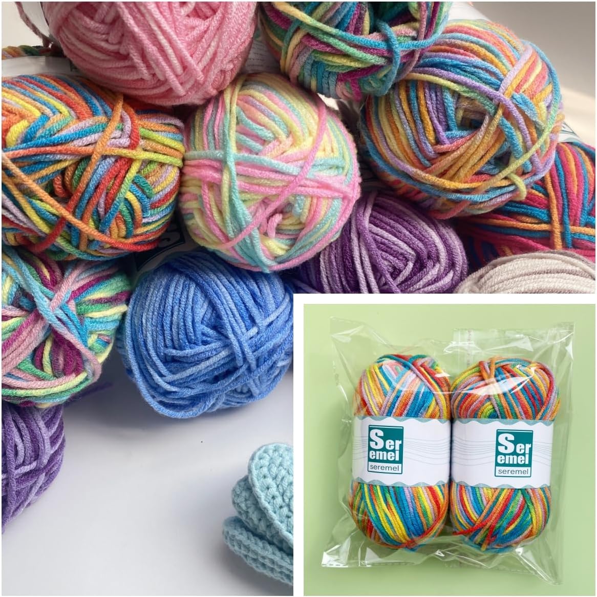 2 Pcs （2 * 48g/2 * 142yards） Crochet/Knitting Rainbow Yarn,Multicolor Variegated 100% Acrylic Yarn,Crochet Yarn for Beginners,Soft Yarn for Crocheting Blanket and Handicraft Project (Blue red Yellow)