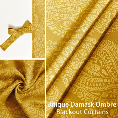 JIUZHEN Yellow Ombre Blackout Curtains for Bedroom – Damask Patterned Thermal Insulated Energy Saving Grommet Curtains with Tiebacks, 52 x 96 Inch, Set of 2 Panels