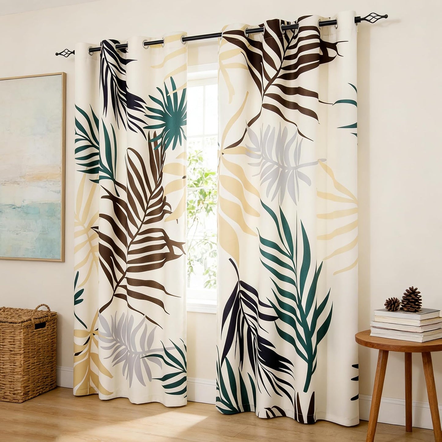 SUBRTEX Boho Leaf Printed Curtains 84 inch Long 2 Panels, Room Darkening Vibrant Floral Drapes, 50% Blackout Light Flitering, Semi Sheer Farmhouse Curtains for Living Room, 52Wx84L, Yellow Leaf