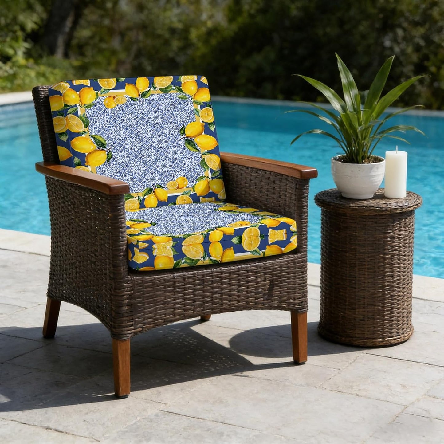 Blue Yellow Lemon Indoor/Outdoor Seat Cushions Cover, Summer Country Fruits Italian Style Waterproof Patio Chaise Lounge Cushion Cover for Beach Pool Side Chair Cushions 20''x18''x2pcs