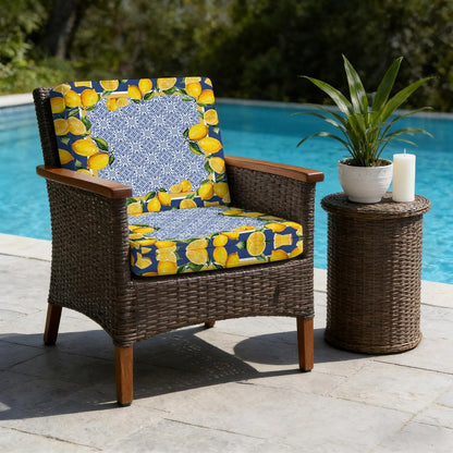 Blue Yellow Lemon Indoor/Outdoor Seat Cushions Cover, Summer Country Fruits Italian Style Waterproof Patio Chaise Lounge Cushion Cover for Beach Pool Side Chair Cushions 20''x18''x2pcs