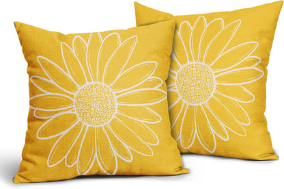 Spring Summer Daisy Flowers Pillow Covers 18X18 Inch Yellow Floral Bloom Decorative Pillow Cases Seasonal Modern Cotton Linen Throw Pillows Set of 2 Farmhouse Home Decor for Sofa Couch