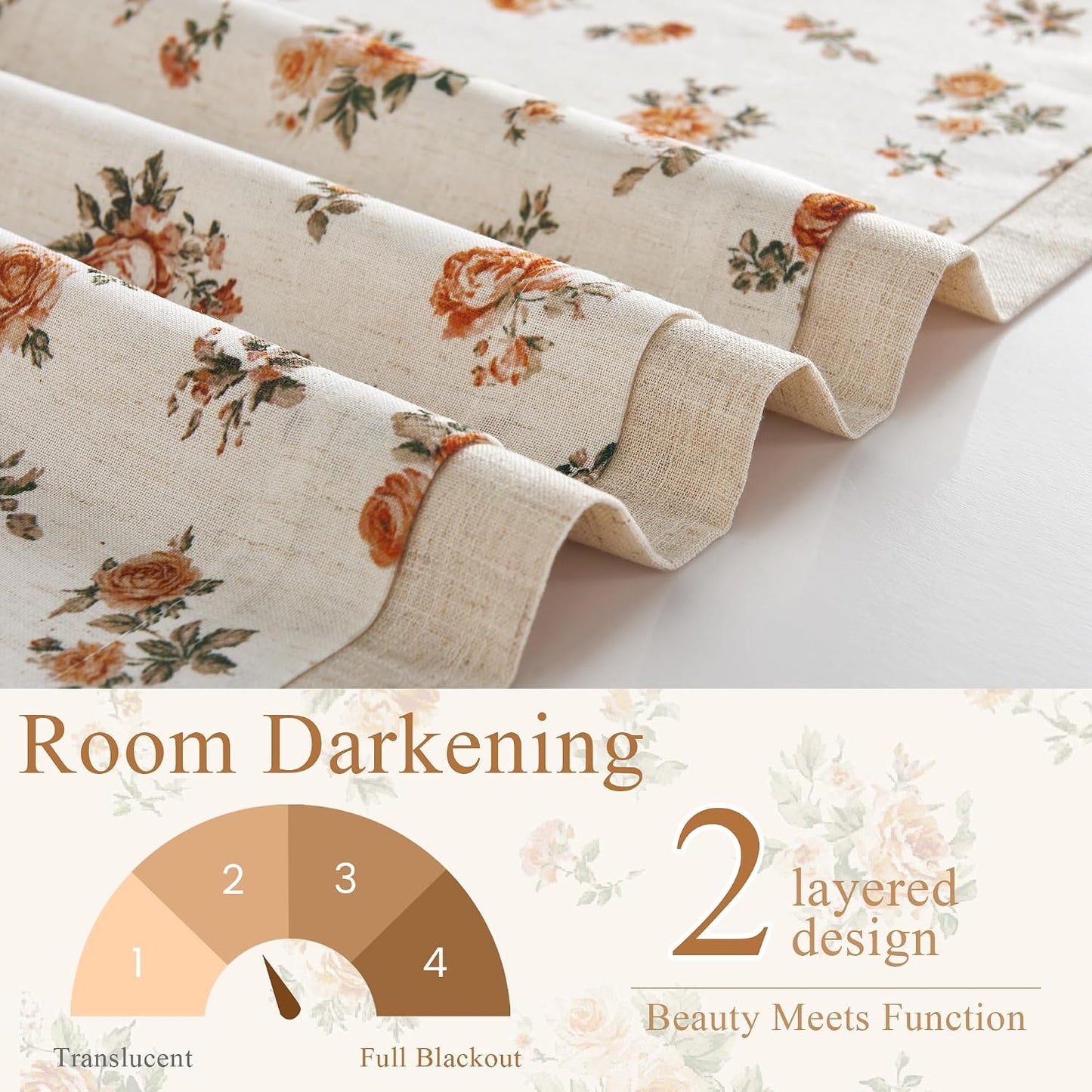 StangH Linen Floral Valance Kitchen Curtains 18 Inches,Printed Double Layer Valance Living Room Laundry Room Darkening Farmhouse Vintage Flower Window Treatment,Yellow,W52 x L18,1 Panel
