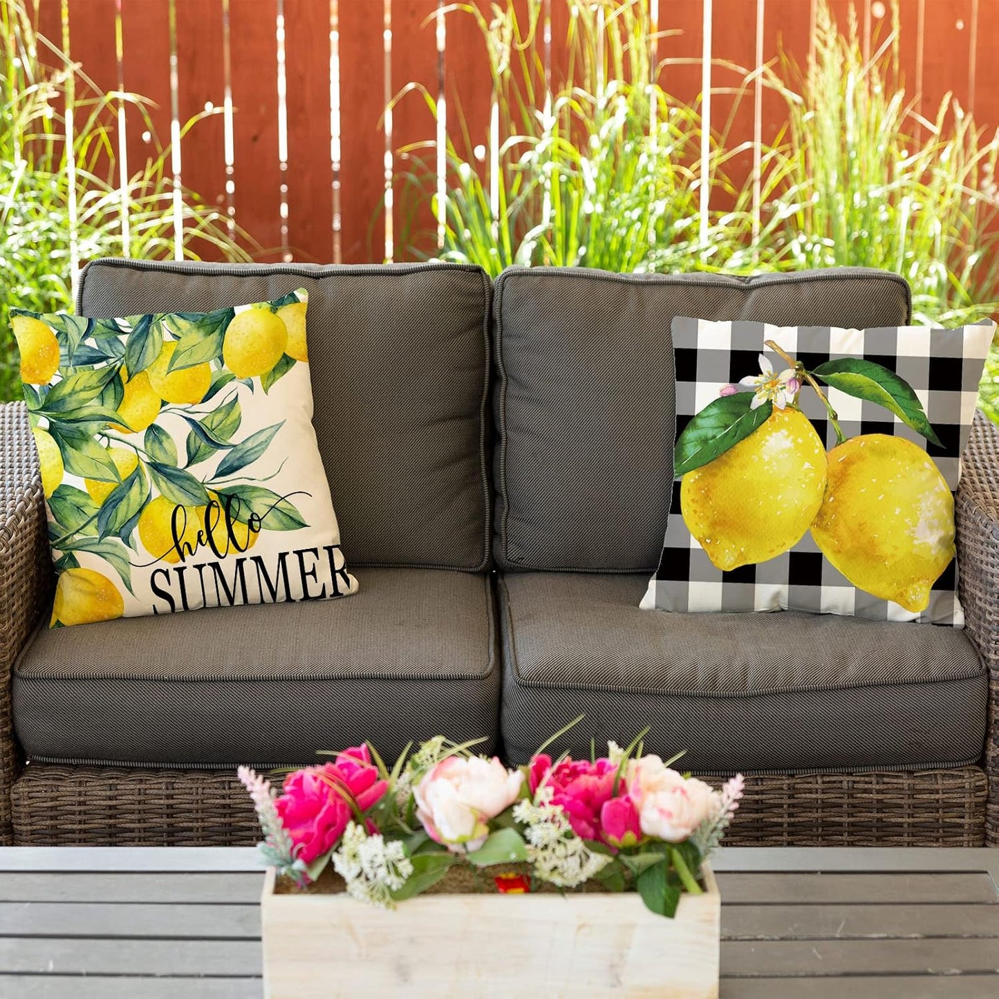 Ogiselestyle Watercolor Stripes Lemon Hello Summer Throw Pillow Cover, 18 x 18 Inch Buffalo Plaid Lemons Cushion Case for Sofa Couch Set of 4