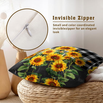 Spring Summer Pillow Covers - Sunflower Throw Pillow Covers Pack of 2 Floral Pillowcases Buffalo Plaid Cushion Cover 18x18 for Couch Bench Sofa Yellow