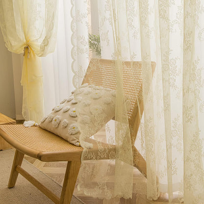 Deeprove Lace Curtains 84 Inches Long 2 Panels Set, Yellow Sheer Roses Embroidery Vintage Voile Farmhouse Window Panel Pair Ruffled Drape for Bedroom/Kitchen, Rod Pocket, Width 57" x Length 84"