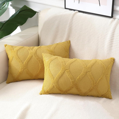 decorUhome Fall Throw Pillow Covers 12x20 Inch Set of 2, Soft Plush Faux Fur Wool Lumbar Mustard Yellow Accent Couch Pillow Covers for Modern Farmhouse Bed Sofa Living Room
