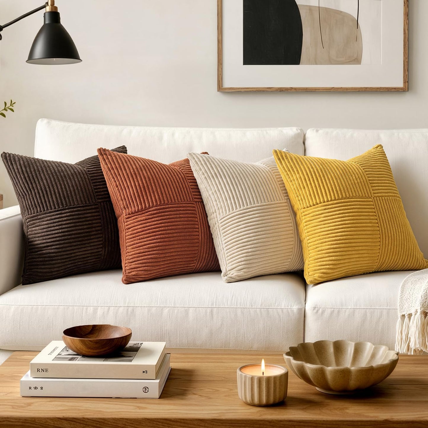 MIULEE Mustard Yellow Decorative Throw Pillow Covers 18x18 Inch for Couch Bed Sofa Pack of 2 Boho Farmhouse Throw Pillows Soft Cross Corduroy Patchwork Textured Cushion Cases