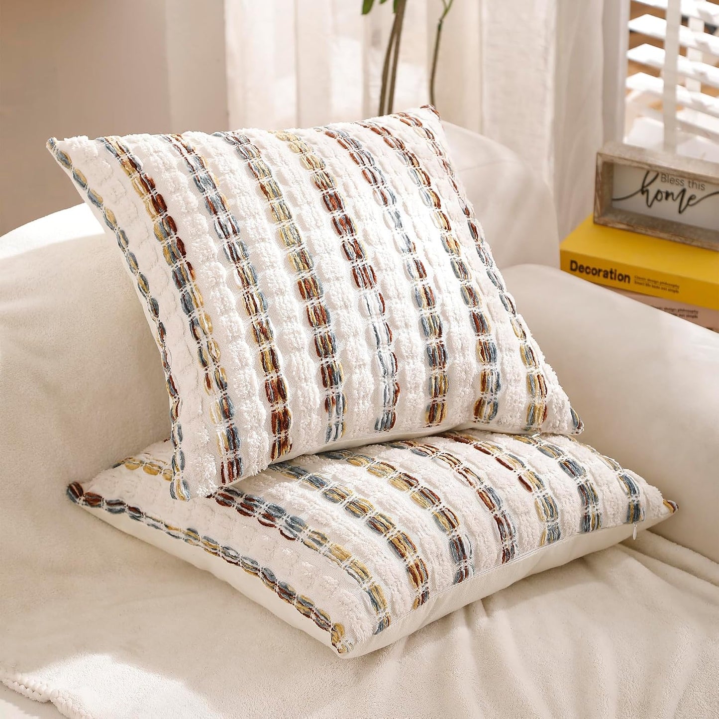 Pillow Covers 20x20 Set of 2 Yellow Striped Throw Pillow Covers Chenille Decorative Pillows Square Cushion Cover for Sofa Couch Bed Living Room Winter Decoratives.