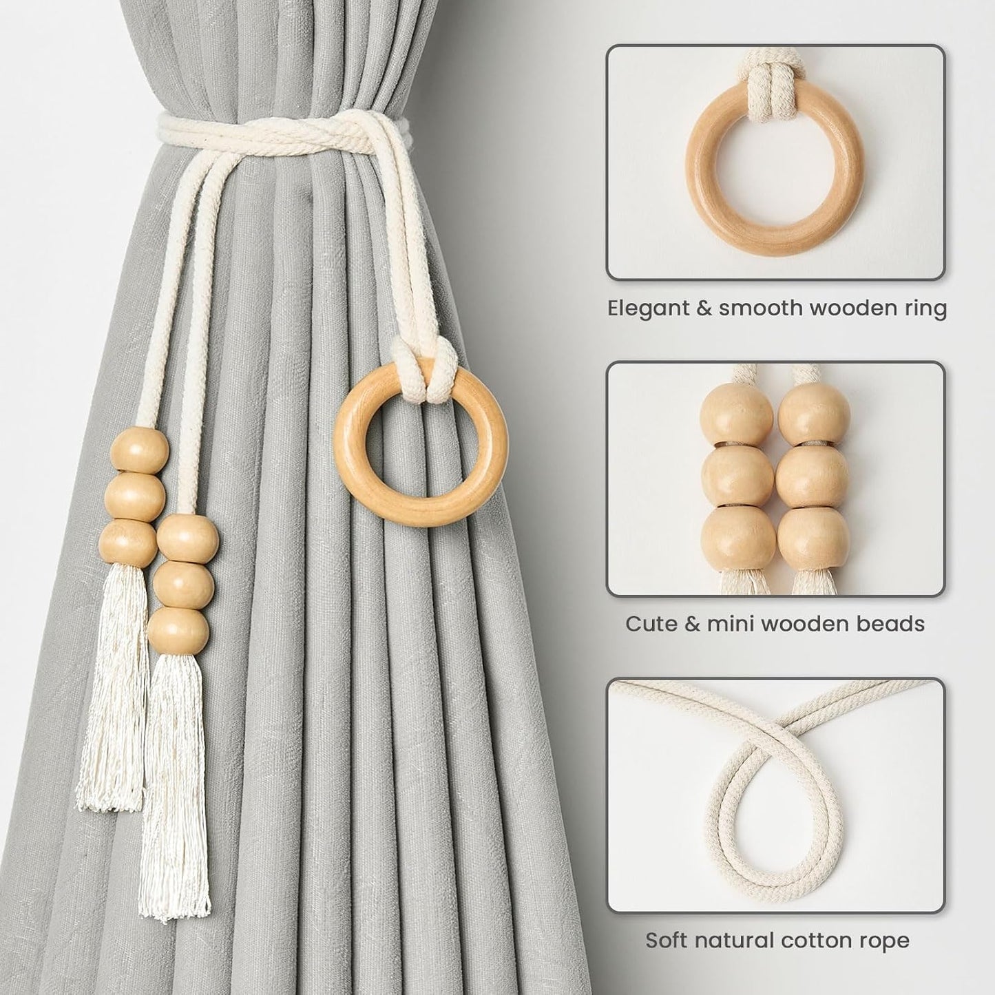 NICEEC 2 Pack Natural Cotton Rope Curtain Tiebacks Boho Style Decorative Drape Tie Backs Elegant Hand Woven Rope Curtain Holdbacks with Wooden Ring for Home & Office Window Drapery (T-Yellow)