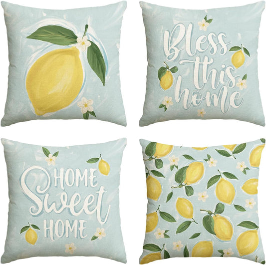 AVOIN colorlife Summer Home Sweet Home Lemon Floral Throw Pillow Covers, 18 x 18 Inch Bless This Home Holiday Seasonal Cushion Case Decorations Set of 4