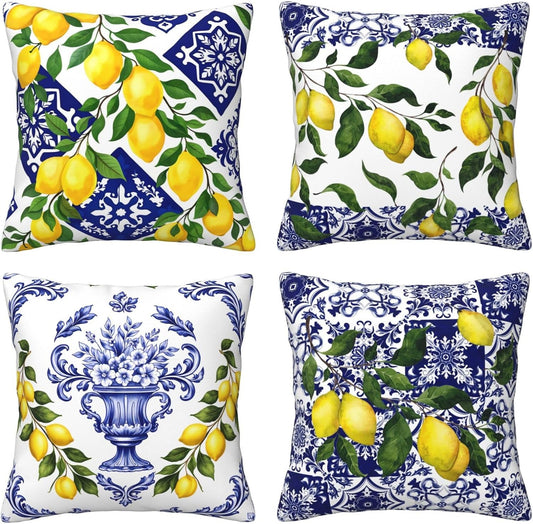 Pillow Covers 18x18 Inch Set of 4 Mediterranean Watercolor Floral Lemon Throw Pillow Covers Farmhouse Cushion Case Decor for Sofa Couch