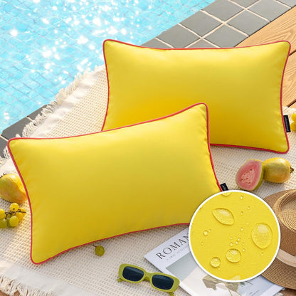 Phantoscope Pack of 2 Outdoor Waterproof Throw Pillow Covers with Contrast Piping, Decorative Square Cushion Case Patio Pillows for Couch Tent, Lemon Yellow 12x20 inches