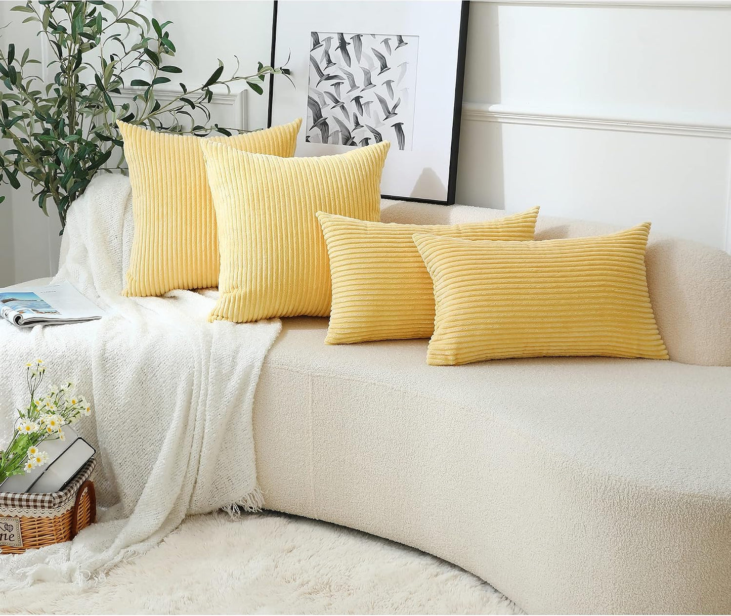 Stellhome Pack of 2 Corduroy Soft Throw Pillow Covers Rectangle Solid Striped Cushion Covers Pillowcase for Bed Couch Sofa Bench, 12x20 inch/30x50 cm, Light Yellow