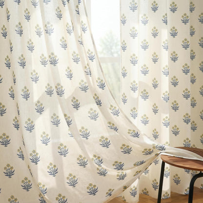 Lino Rosa Spring Mustard Yellow Curtains for Living Room,Sheer Flower Pattern Retro Floral Pretty Mid Century Modern Curtains for Bedroom Window 2 Panel Sets,52 x 84 Inches Long,Yellow and Blue