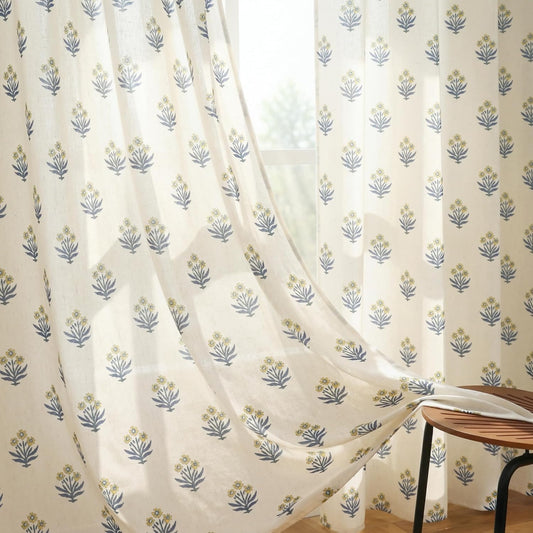 Lino Rosa Spring Mustard Yellow Curtains for Living Room,Sheer Flower Pattern Retro Floral Pretty Mid Century Modern Curtains for Bedroom Window 2 Panel Sets,52 x 84 Inches Long,Yellow and Blue