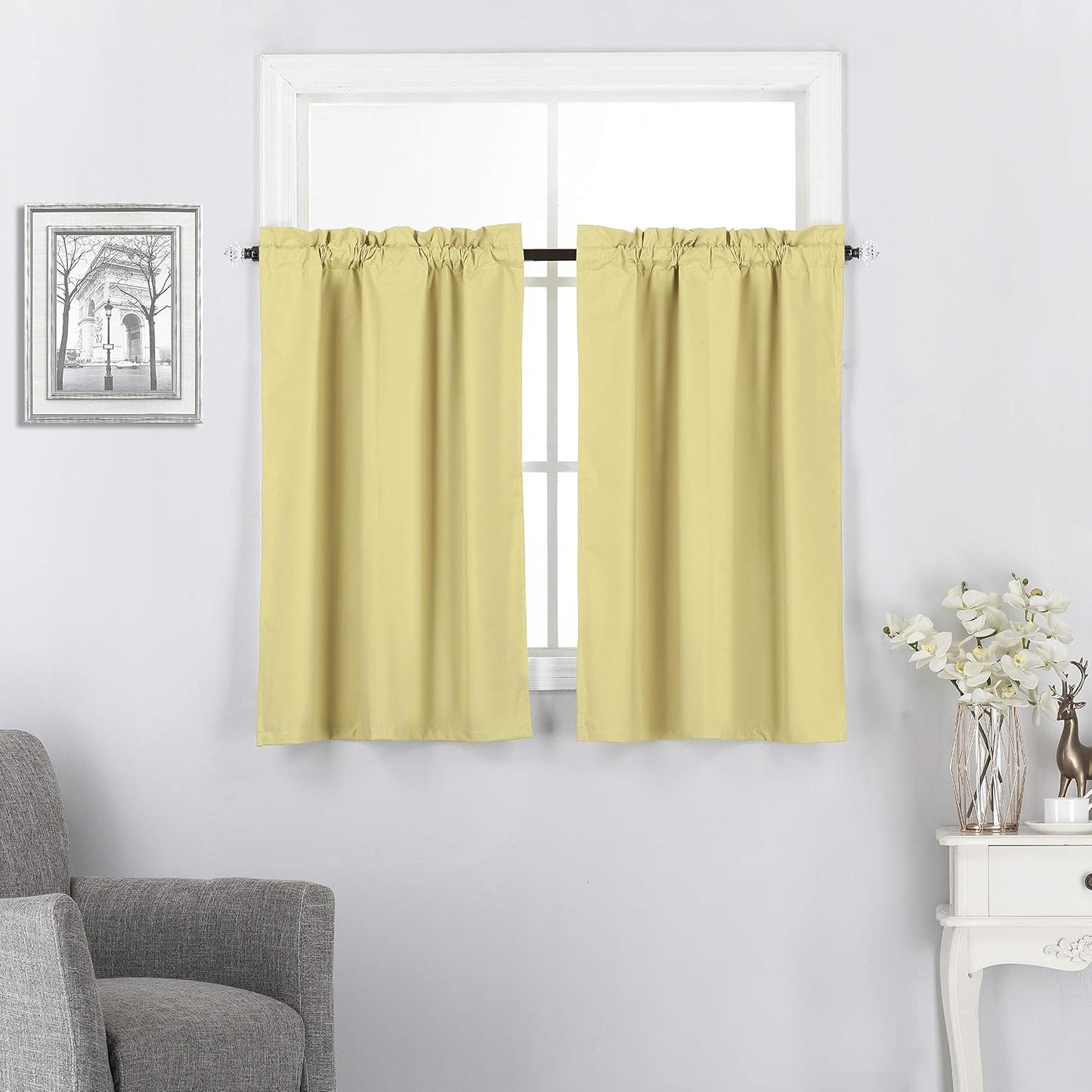 Diamond Home Linens Set of 2 100% Blackout Insulated Rod Pocket Kitchen Curtain Tiers for Small Windows 27" W x 36" L-Yellow