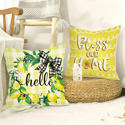 Spring Summer Lemon Throw Pillow Covers 18x18 Inch Set of 4 Hello Sunshine Farmhouse Truck Yellow Plaid Cushion Covers Home Decor for Couch Cushion Cases