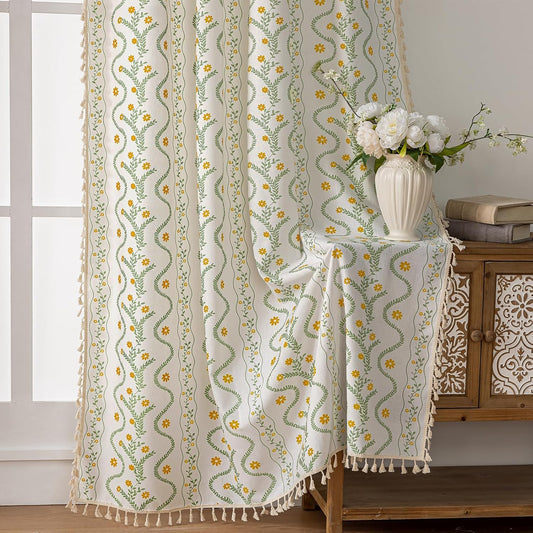 Boho Curtains 84 Inch Long for Living Room, Bedroom, Yellow Flower| Sage on White 2 Panels Floral Farmhouse Vintage Tassel Light Filtering Privacy Window Curtain Drapes with Rod Pocket