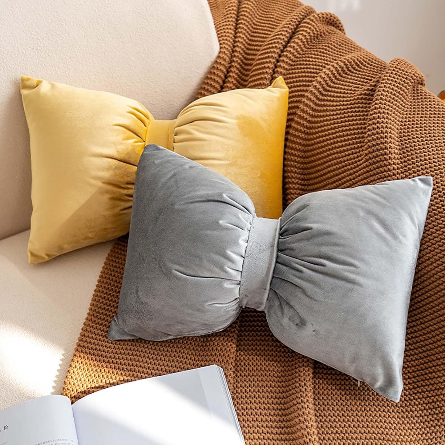 Bow Shaped Throw Pillow Bow Pillow Big Bow Throw Pillow Soft Velvet Pillow Plush Cushion Decorative Pillow for Bed Couch Living Room Decor,Yellow