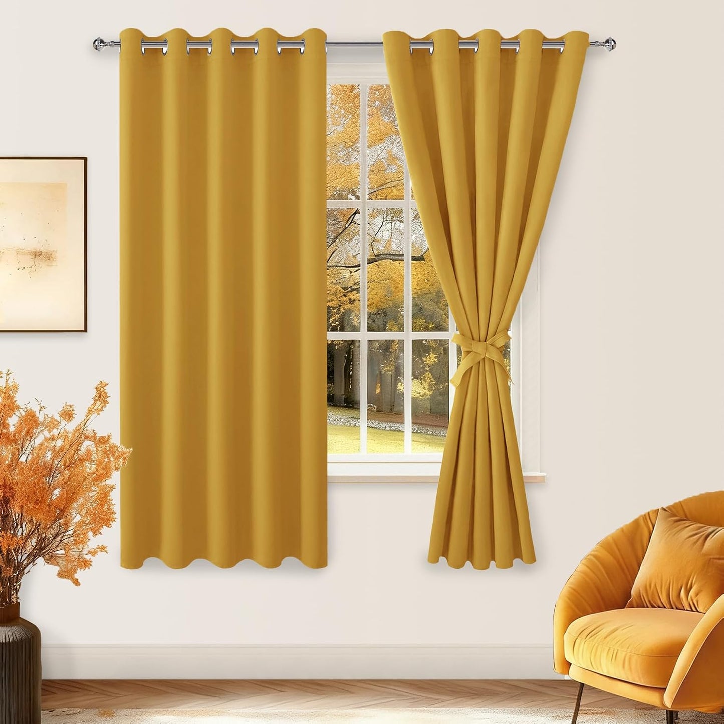 Hiasan Blackout Curtains for Bedroom, 60 x 63 Inches Length - Thermal Insulated & Light Blocking Window Curtains for Living Room, 2 Drape Panels Sewn with Tiebacks, Mustard Yellow