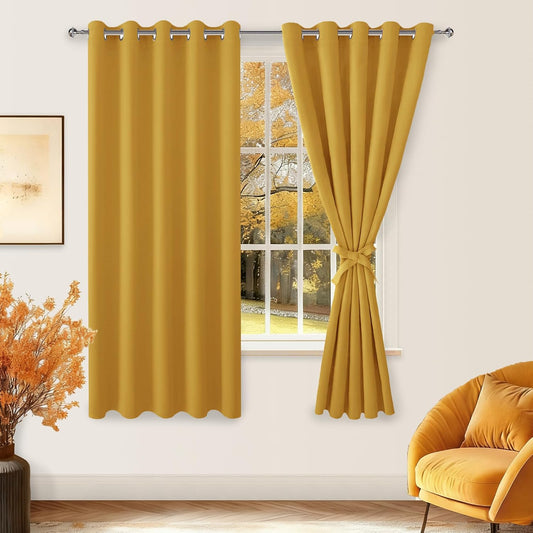 Hiasan Blackout Curtains for Bedroom, 60 x 63 Inches Length - Thermal Insulated & Light Blocking Window Curtains for Living Room, 2 Drape Panels Sewn with Tiebacks, Mustard Yellow