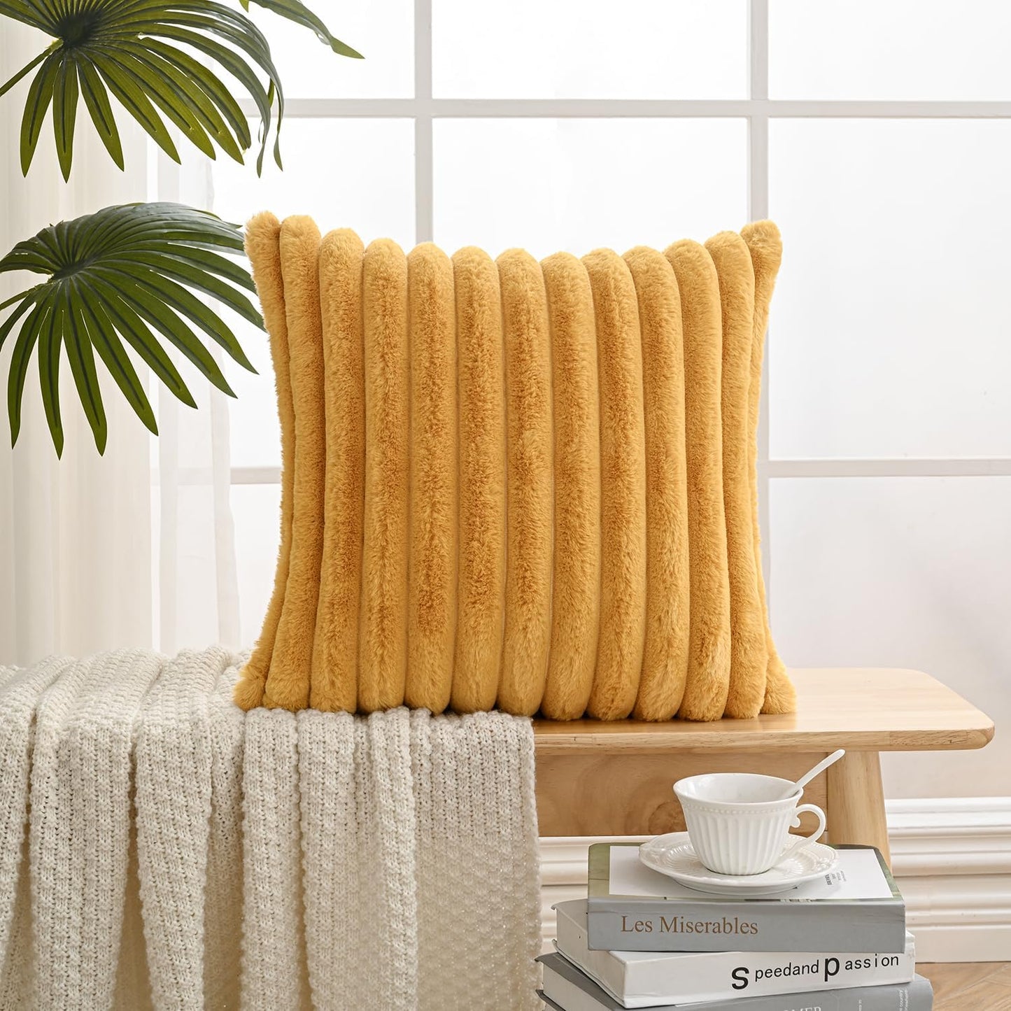 Volcanics Pack of 1 Double-Sided Faux Fur Plush Decorative Throw Pillow Covers 18x18 Inches Soft Fluffy Striped Couch Pillow Cases, Mustard Yellow