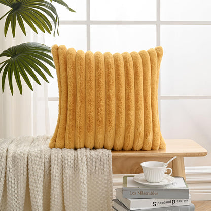 Volcanics Pack of 1 Double-Sided Faux Fur Plush Decorative Throw Pillow Covers 18x18 Inches Soft Fluffy Striped Couch Pillow Cases, Mustard Yellow