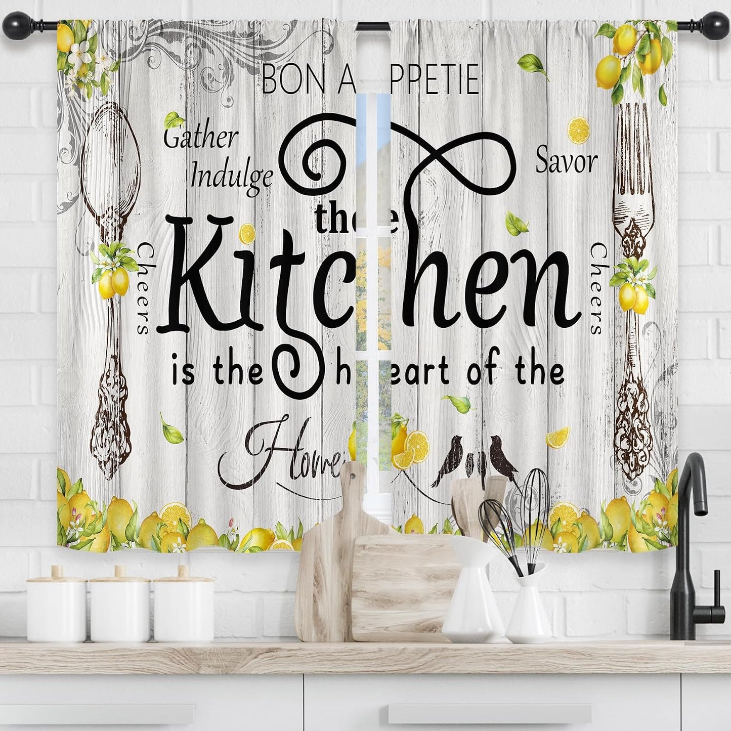 Riyidecor Lemon Kitchen Curtains Short Small Rustic Farmhouse Yellow Fruit Country Wooden Barn Plant Fork and Spoon Botanical Rod Pocket Bedroom Living Room Treatment Fabric 2 Panels 27.5Wx39H Inch