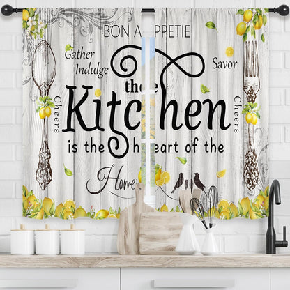 Riyidecor Lemon Kitchen Curtains Short Small Rustic Farmhouse Yellow Fruit Country Wooden Barn Plant Fork and Spoon Botanical Rod Pocket Bedroom Living Room Treatment Fabric 2 Panels 27.5Wx39H Inch