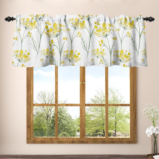 Renaiss 42 x 12 Inch Yellow Floral Valance Curtains for Windows Light Filtering Linen Textured Semi Sheer Small Short Valance for Bathroom Laundry Basement Watercolor Flower Rod Pocket Kitchen Valance