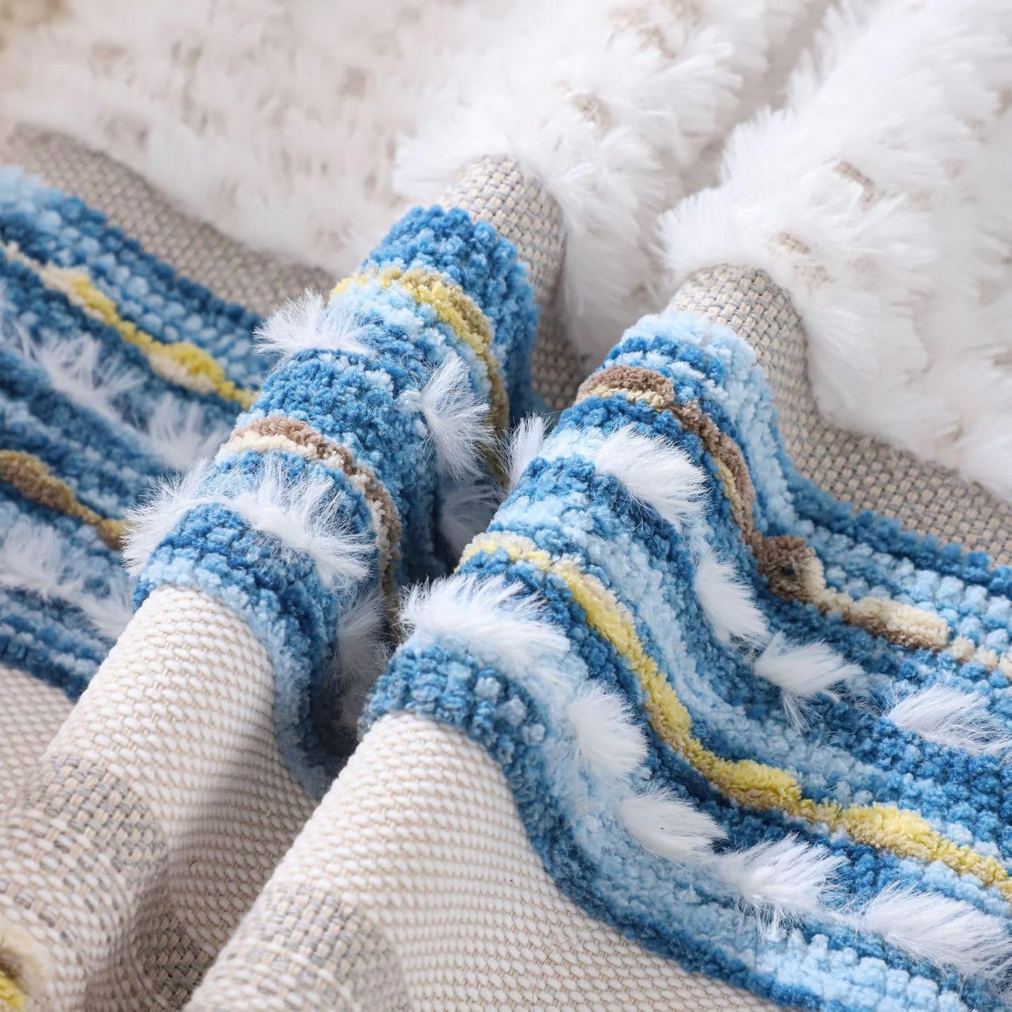 18x18 Inch Boho Pillow Covers Set of 2 Chenille Throw Pillow Cases for Couch Farmhouse Decorative Striped Cushion Covers for Sofa Bedroom Living Room (Blue Yellow)