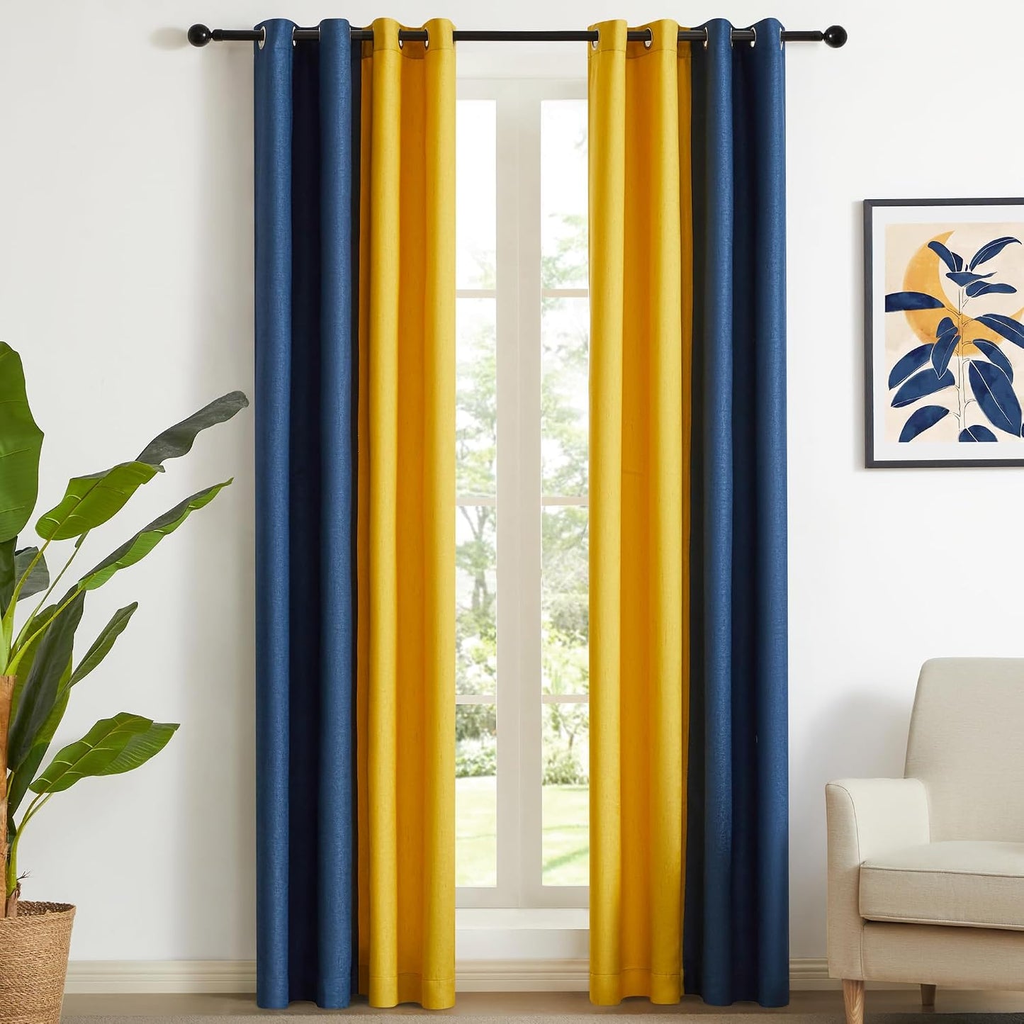 PRIMROSE Navy Blue Yellow Linen Curtains 84 inch Long for Living Room Set of 2 Panels Blackout Thermal Insulated Room Darkening Ombre Curtains Window Drapes for Bedroom Grommet