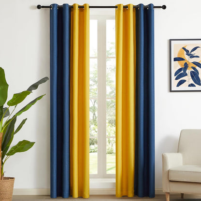 PRIMROSE Navy Blue Yellow Linen Curtains 84 inch Long for Living Room Set of 2 Panels Blackout Thermal Insulated Room Darkening Ombre Curtains Window Drapes for Bedroom Grommet