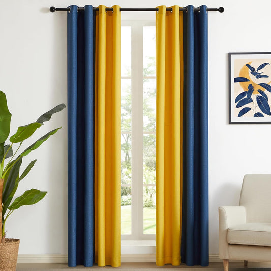 PRIMROSE Navy Blue Yellow Linen Curtains 84 inch Long for Living Room Set of 2 Panels Blackout Thermal Insulated Room Darkening Ombre Curtains Window Drapes for Bedroom Grommet