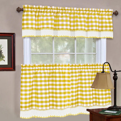 Woven Trends Farmhouse Curtains Kitchen Décor, Buffalo Plaid Valance, Classic Country Plaid Gingham Checkered Design, Farmhouse Décor, Window Curtain Treatments (Yellow, 24" Tier Pair)