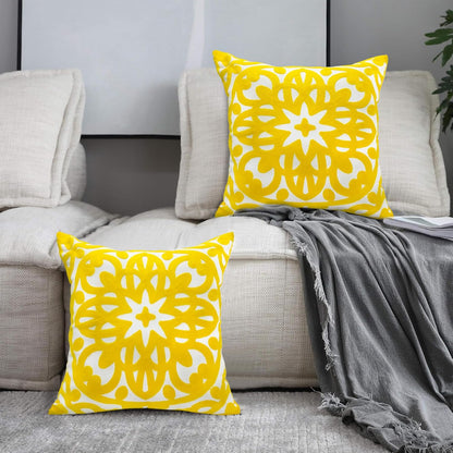 Alysheer Floral Embroidered Spring Decorative Throw Pillow Cover 18"x 18" Set of 2, Boho Mandala Embroidery Yellow Patterned Cushion Case for Sofa Couch Living Room Bedroom Outdoor