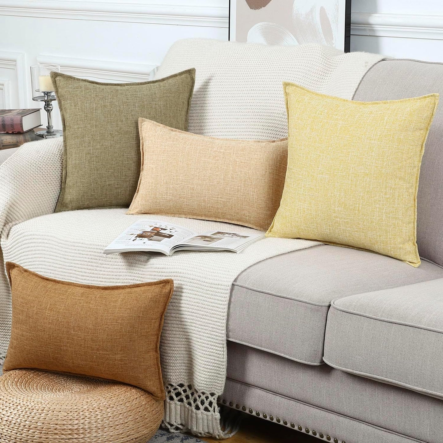 MADIZZ Pack of 2 Decorative Faux Linen Throw Pillow Covers 16x16 Inch Light Yellow Natural Soft Boho Farmhouse Couch Throw Pillows for Bed Accent Modern Pillowcase for Sofa Living Room Home Decor