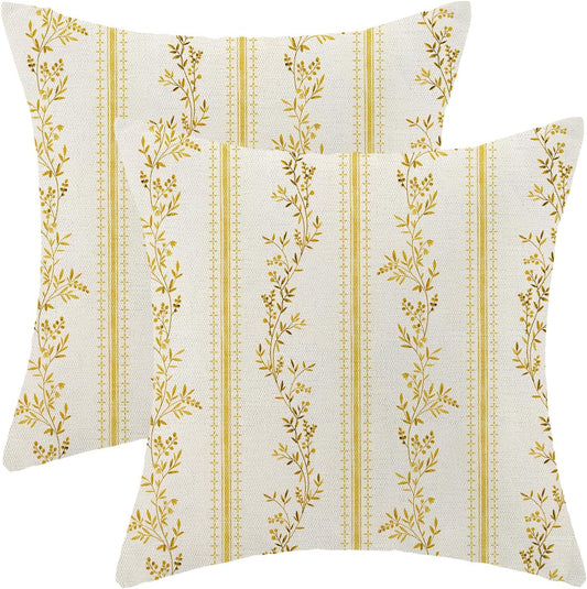 AEIOAE Striped Floral Pillow Covers 18x18 Set of 2,Yellow Botanical Flower Throw Pillows Case Vintage Decorative Rustic Pillow Cases Seasonal Farmhouse Cushion Covers for Couch Sofa Bedroom