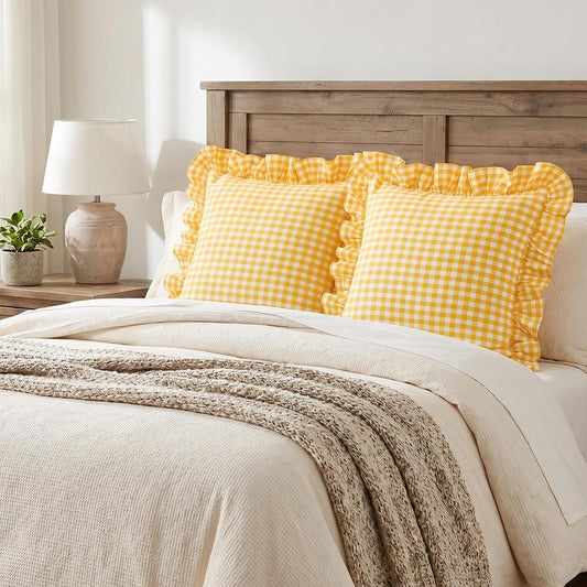Eternal Beauty 2 Pack 18x18 in Yellow White Plaid Gingham Ruffle Throw Pillow Covers, 100% Washed Cotton Decorative Checkered Pillowcase for Couch, Sofa, Bed, Farmhouse Vintage Home Decor