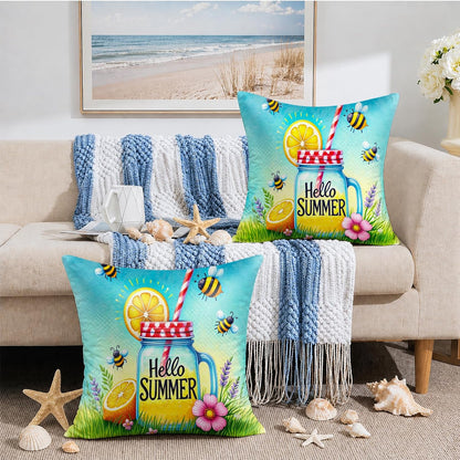 BlissYard Hello Summer Lemon Throw Pillow Covers 18x18 Set of 2 Decorative Pillow Covers Bee Lemonade Summer Cushion Covers Farmhouse Summer Pillow Covers for Couch Sofa Living Room Home Decor