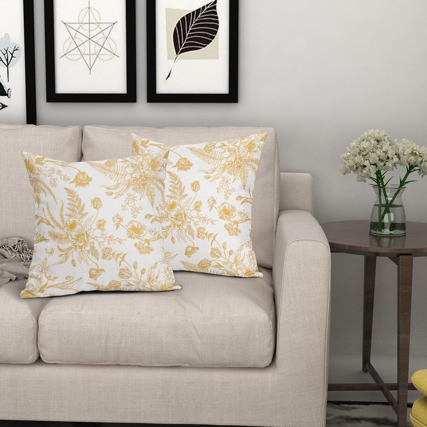 Yellow Flowers Pillow Covers 20x20Inch Set of 2 Light Yellow and White Morden Throw Pillowcase Cotton Linen Square Decorative Pale yellow Floral Cushion Cover for Sofa Bedroom Indoor Outdoor Party